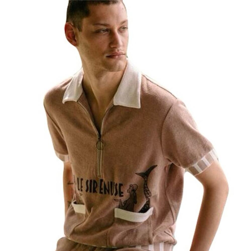 LE SIRENUSE TOMBOLO Top M Terry Graphic Mermaid”Cabana”Beige Pocket Short-Sleeve